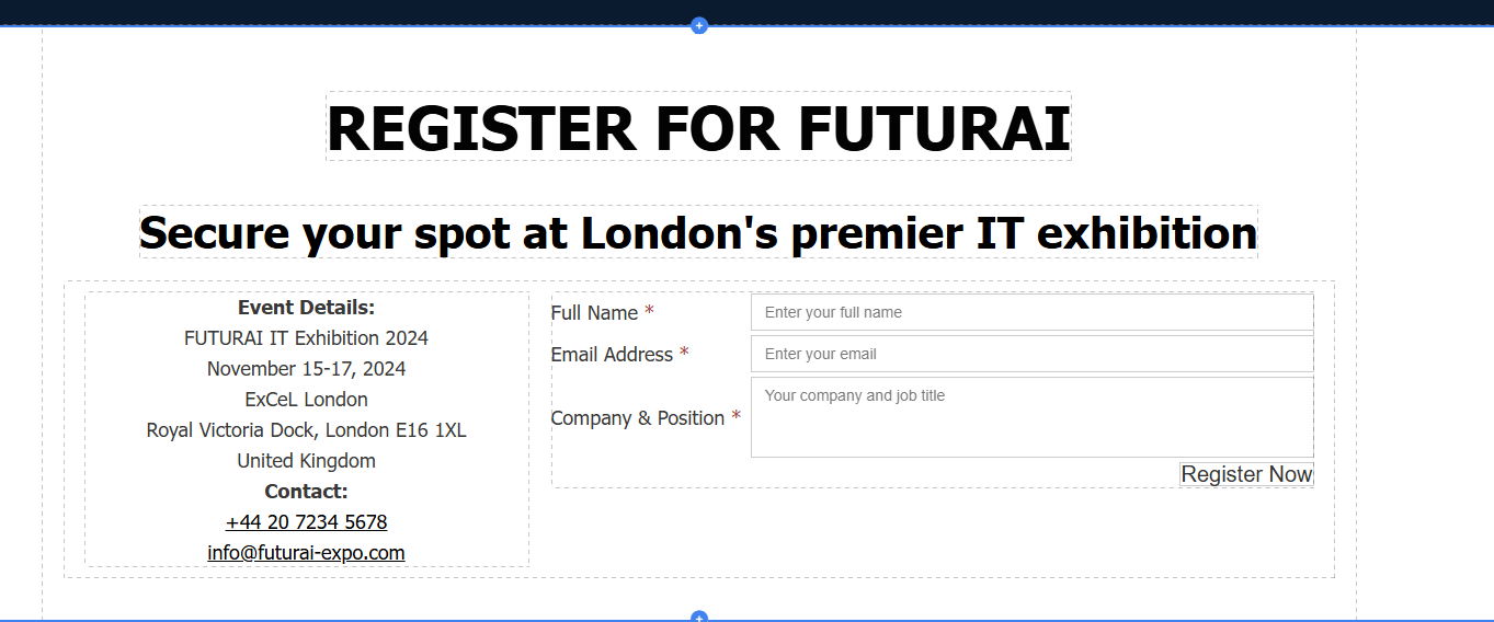 AI-generated registration form added to the landing page