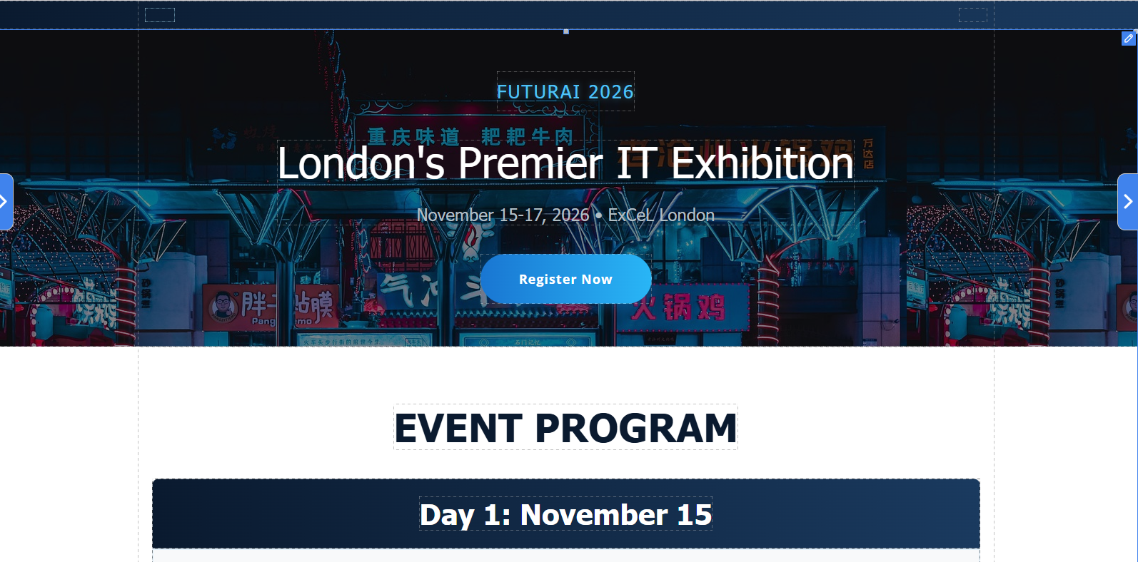 Result of a structured AI website builder prompt for FUTURAI landing page